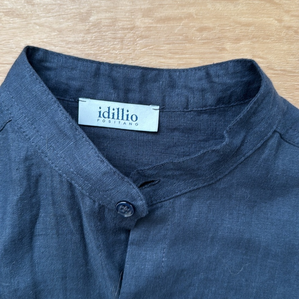 Dark Blue Linen Button-Down High Collared Shirt - image 1